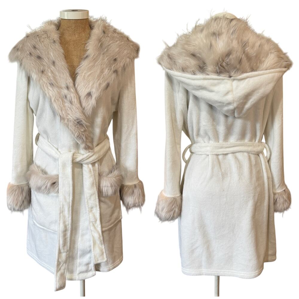 Pottery Barn PB Teen Faux Animal Fur Trim Hooded Robe Ombre Ivory Belt Tie EUC